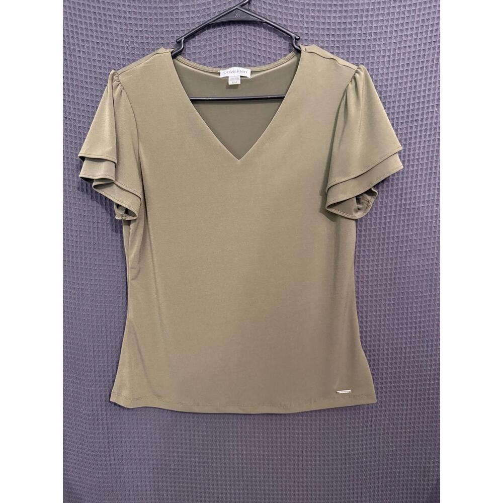 Calvin Klein Womens Small Olive Green Ruffle Top Layered V-Neck Boho Chic
